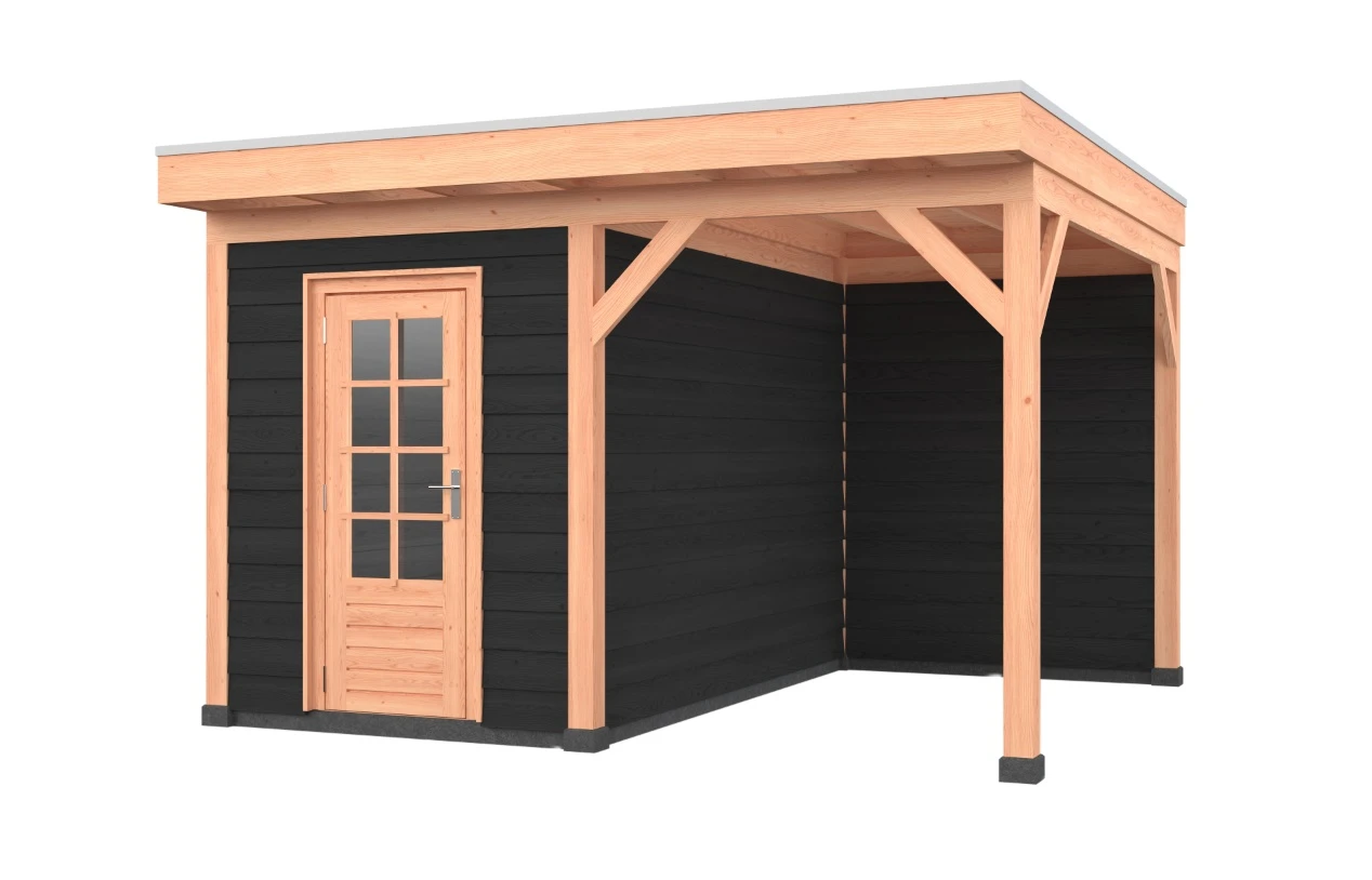 Douglas overkapping, 400 x 350, met schuur en achterwand, Westwood Comfort Zwart - Afbeelding 1